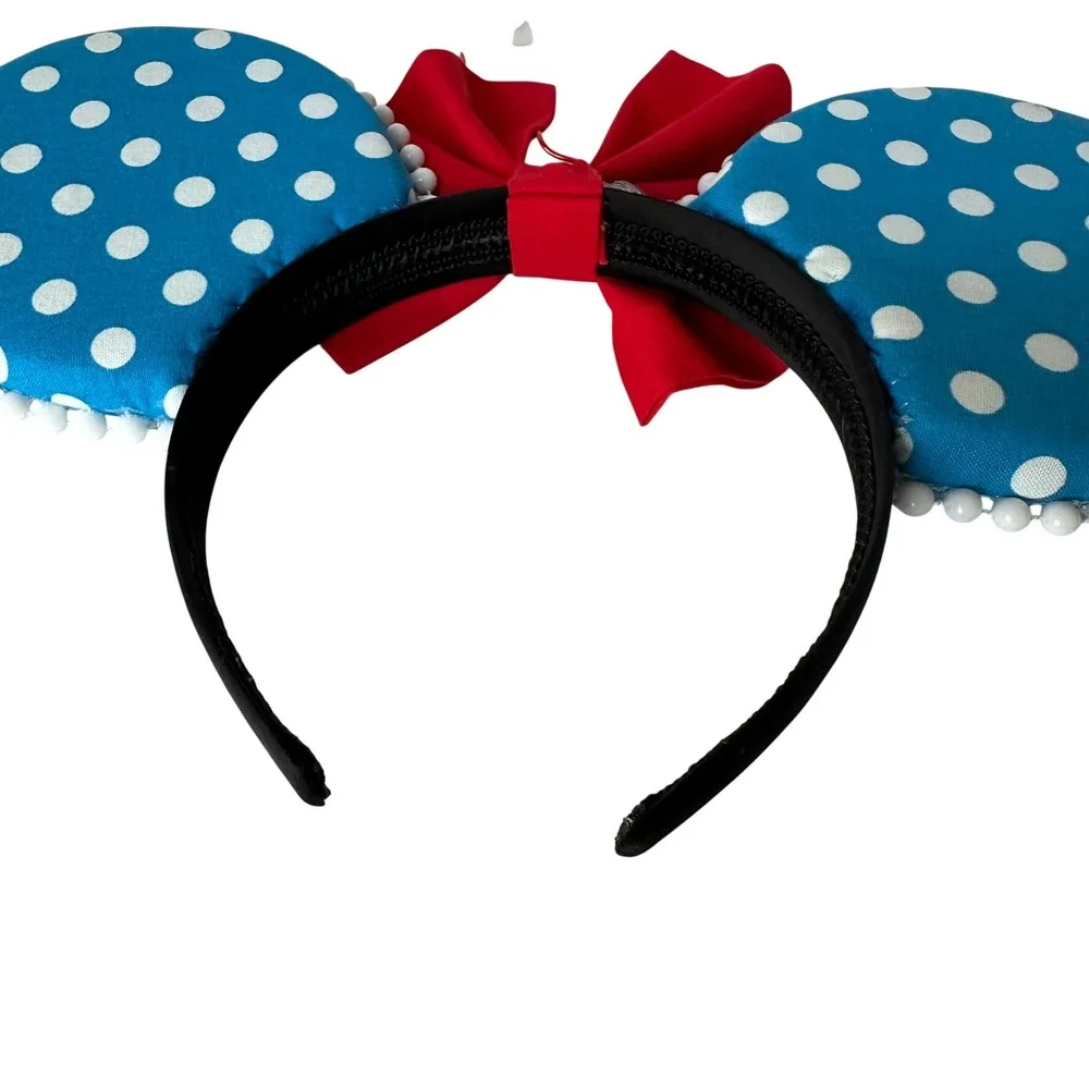 Blue Polka Dot Minnie Mouse Ears Red Bow Daisy Flower Headband